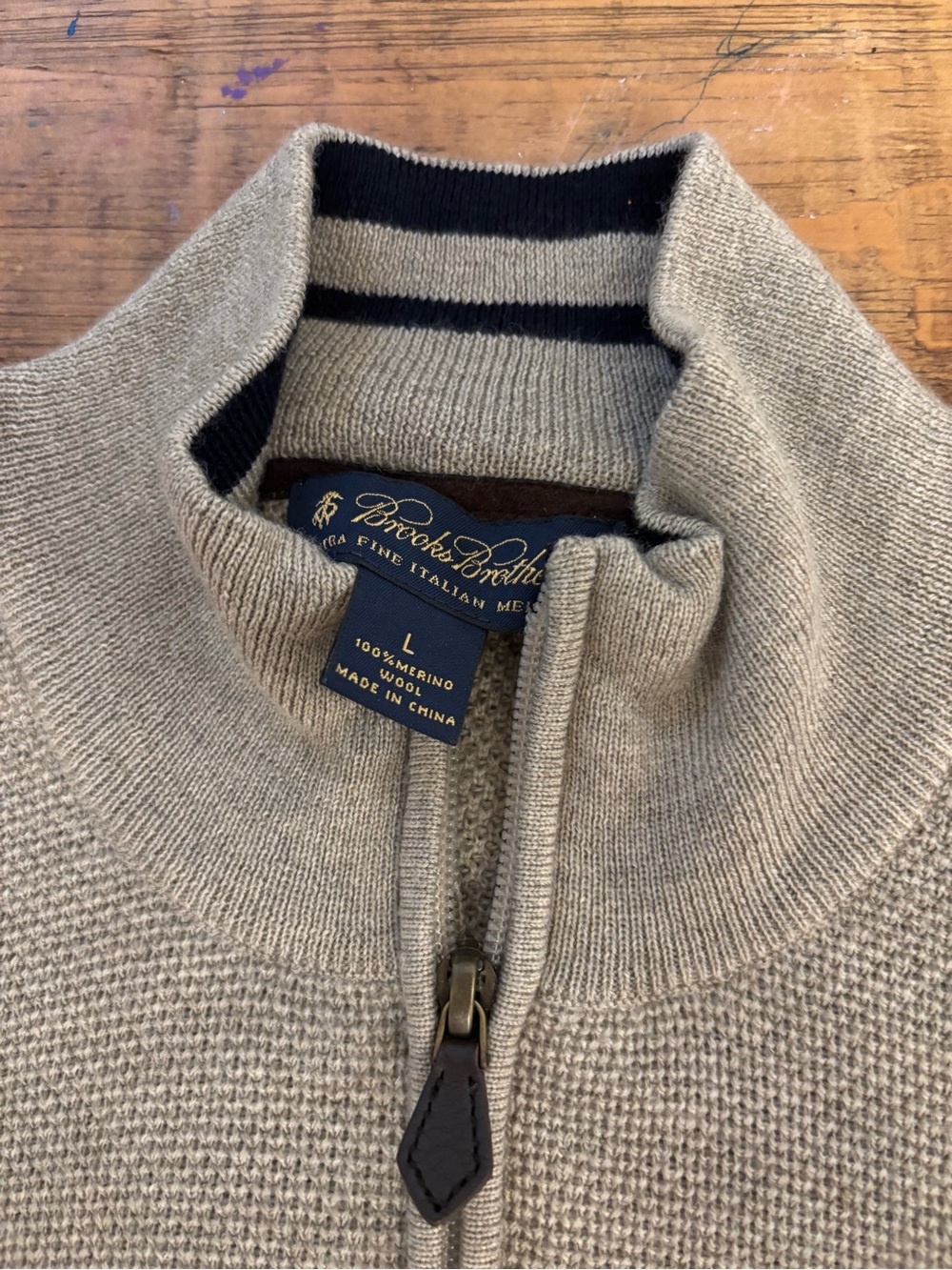 Brooks Brothers Men's Merino Half-Zip Sweater in Taupe with Black Trim